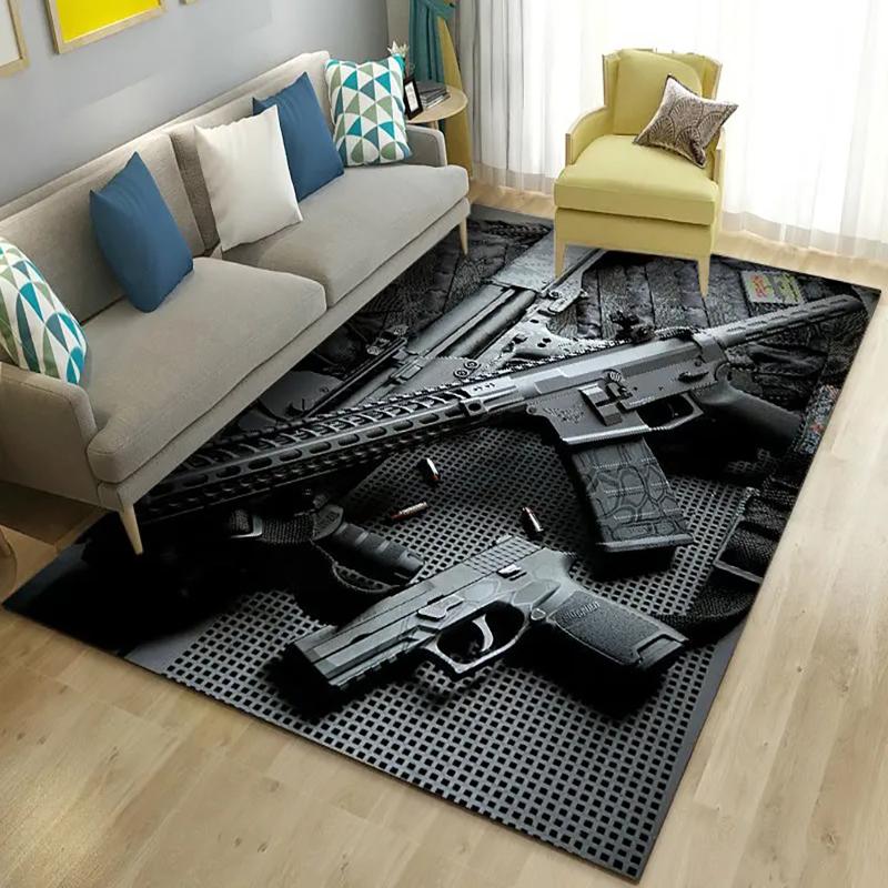 3D Assault Rifle Pistol Revolver Pattern Area Rug, Suitable for Kids' Play Area Anti-Slip Mat, Living Room Sofa Decorative Mat