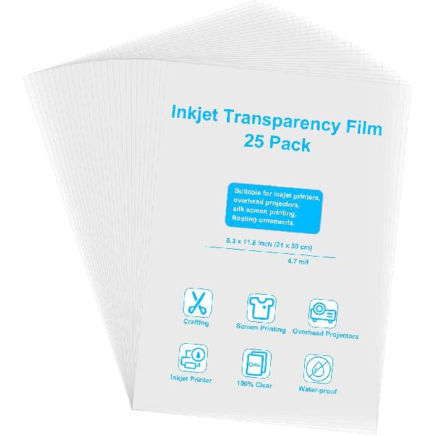 Inkjet Transparency Film, Printable Clear Transparency Sheets, 25 Pack Overhead Projector Film Sheets for Screen Printing, (8.3 x 11.8 inch)