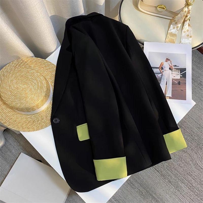 Trendy Slim Fit Black Blazer Spring Autumn Casual Chinese Style Contrast Suit Jacket