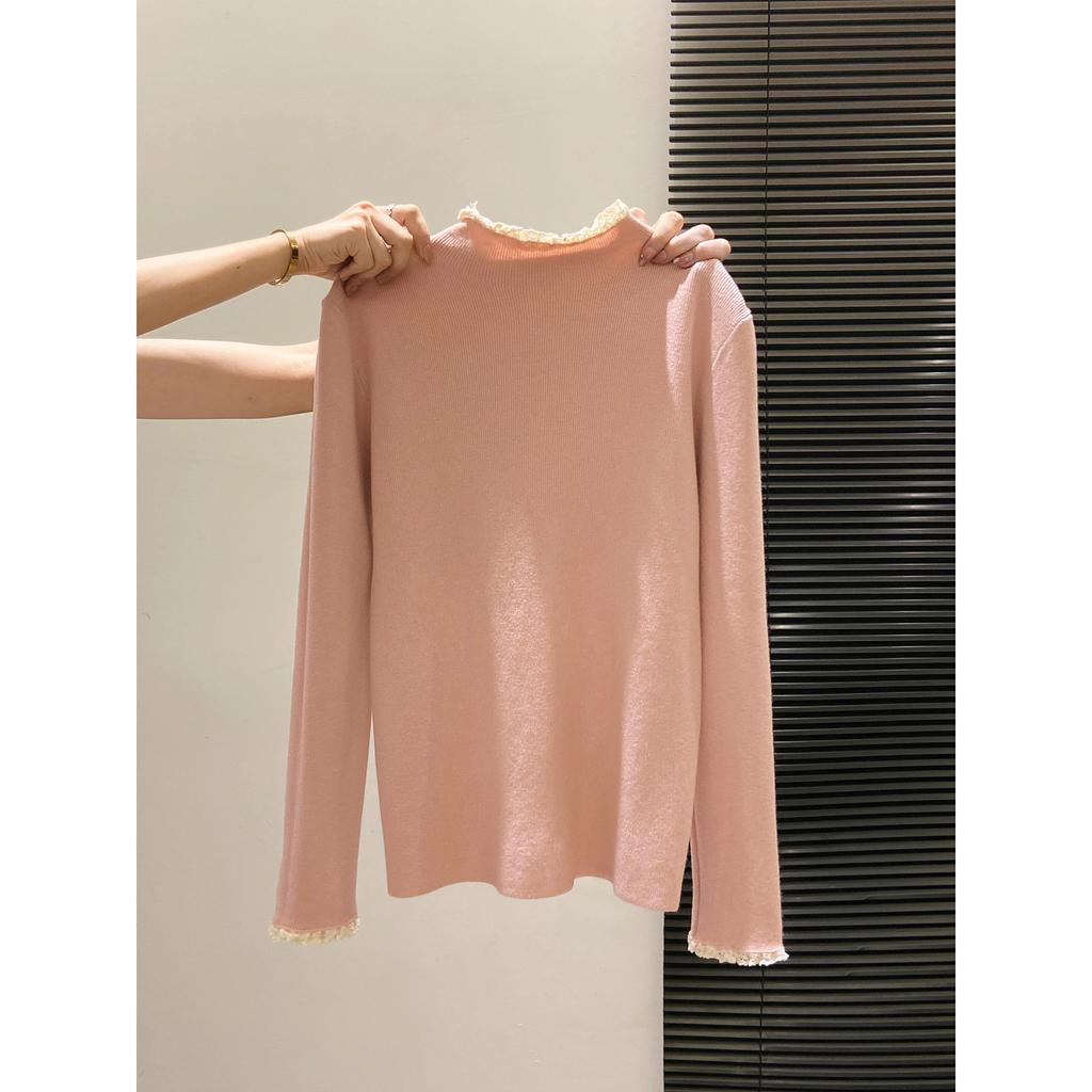 Semi-turtleneck Front Shoulder Long-sleeved Knitted Sweater Women's Autumn and Winter Lace Splicing Bottoming Shirt, Thin and High-end Inner Top