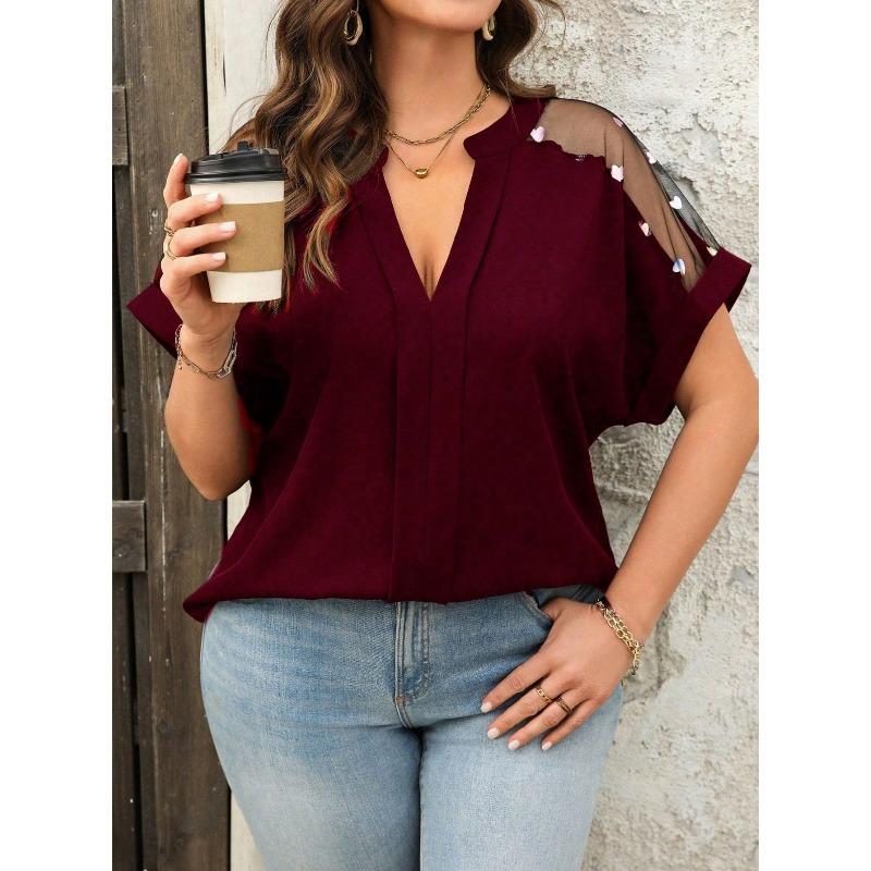 Summer New Mesh Sequin V-neck Popular Fashion Casual Loose Top
