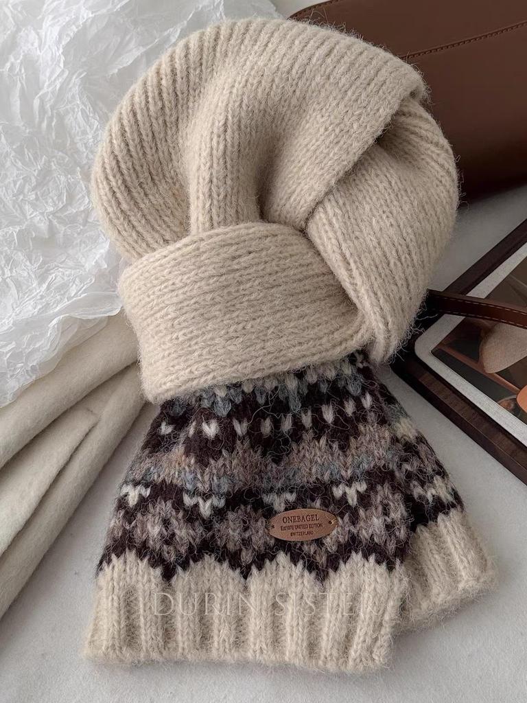 Högkvalitativ Damscarf i Ullblandning med Fair Isle-mönster - Tjock, Varm Stickad Halsduk för Höst/Vinter