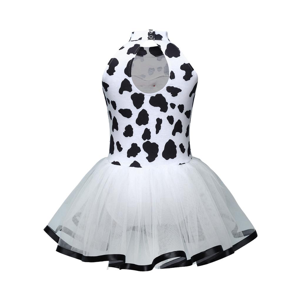 Kinderen Dalmatische Tutu Kostuum Mouwloos Strikje Pailletten Ruguitsnijding Gaas Pofmouw Jurk en Ingebouwde Kruisknopen Slipje