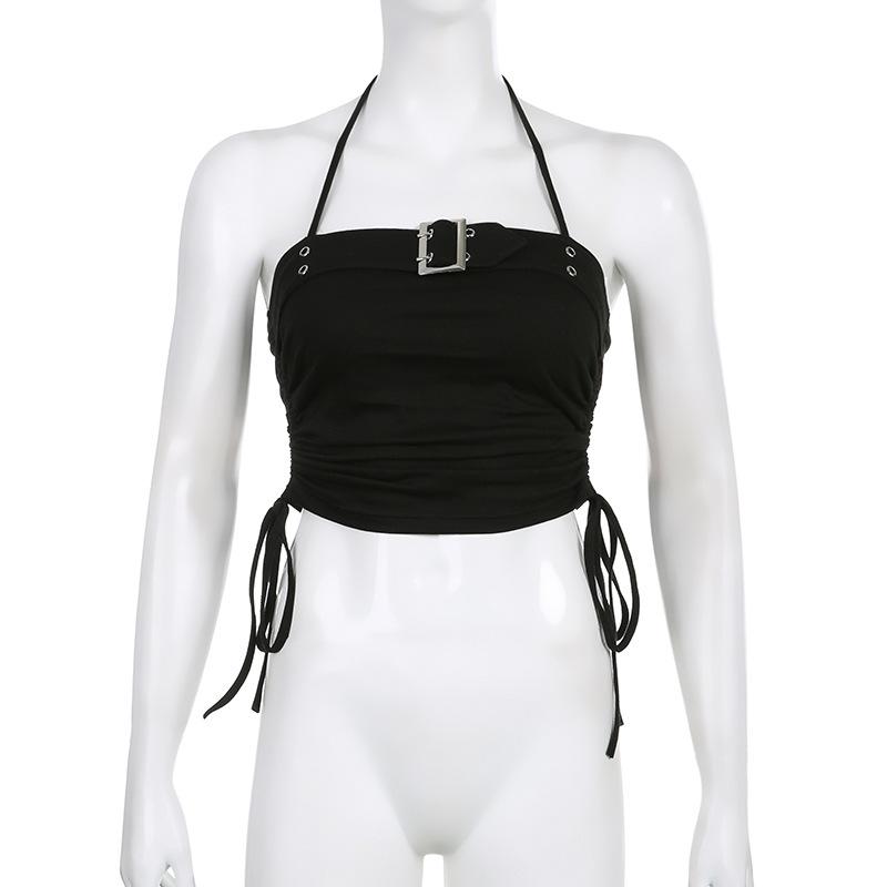 Spring Fashion Pure Desire Japanese Button Pleated Strap Exposed Umbilical Slim Hanging Neck Top Spicy Girls Sexy Small Vest Ultra-short Slim Tank Top