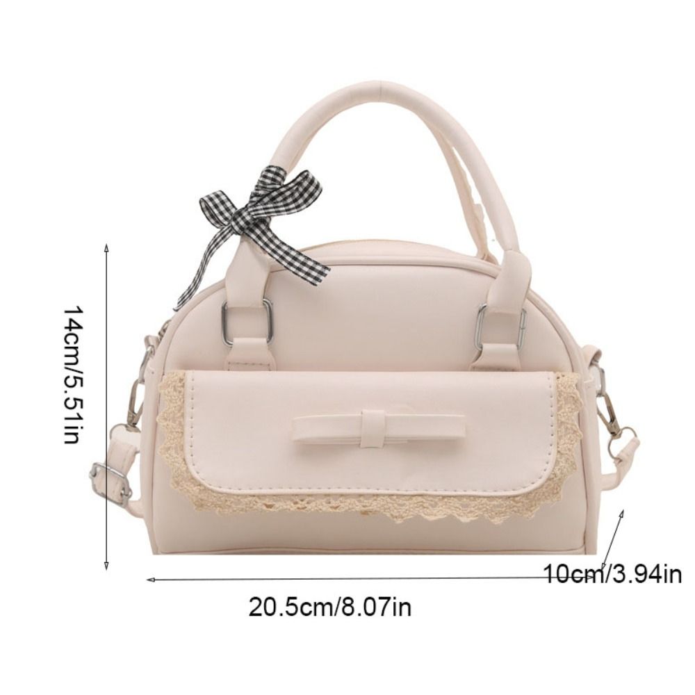 Lace Ribbon Boston Handbag PU Leather Bow Shoulder Bag Sweet Crossbody Bowling Bag  School