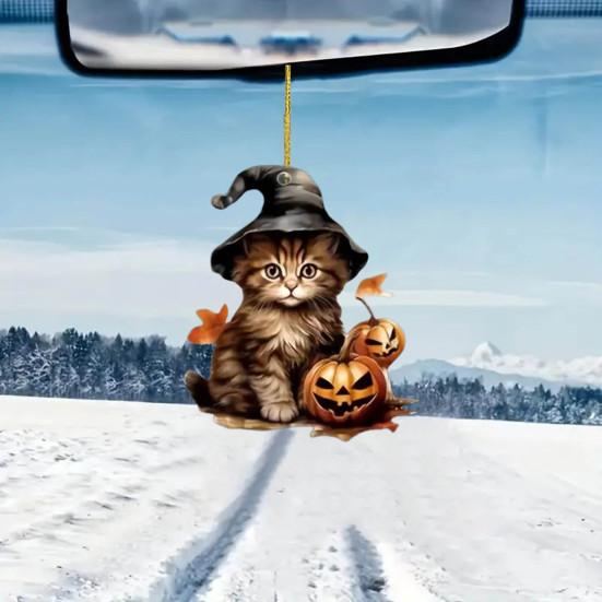Yousheng Halloween Witch Cat Pendant Hanging Ornament with Lanyard Easy To Install Car Rear Mirror Hanging Ornament Party Decor