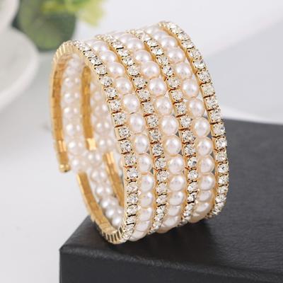 Shining Crystal Bracelet Multi Layer Wide Hand Wrist Bracel Cubic Zirconia Full Rhinestone Imitation Pearl Bracelets Women's