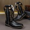 Foreign trade 2025 new ethnic style embroidery medium tube boots square head medium heel knight boots large size men's boots