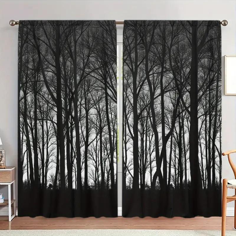 Set Of 2 Jit Forest Silhouette Curtain Privacy Window Drapes Polyester Living Room Bedroom Decor Blackout With Rod Pocket Ideal For Great