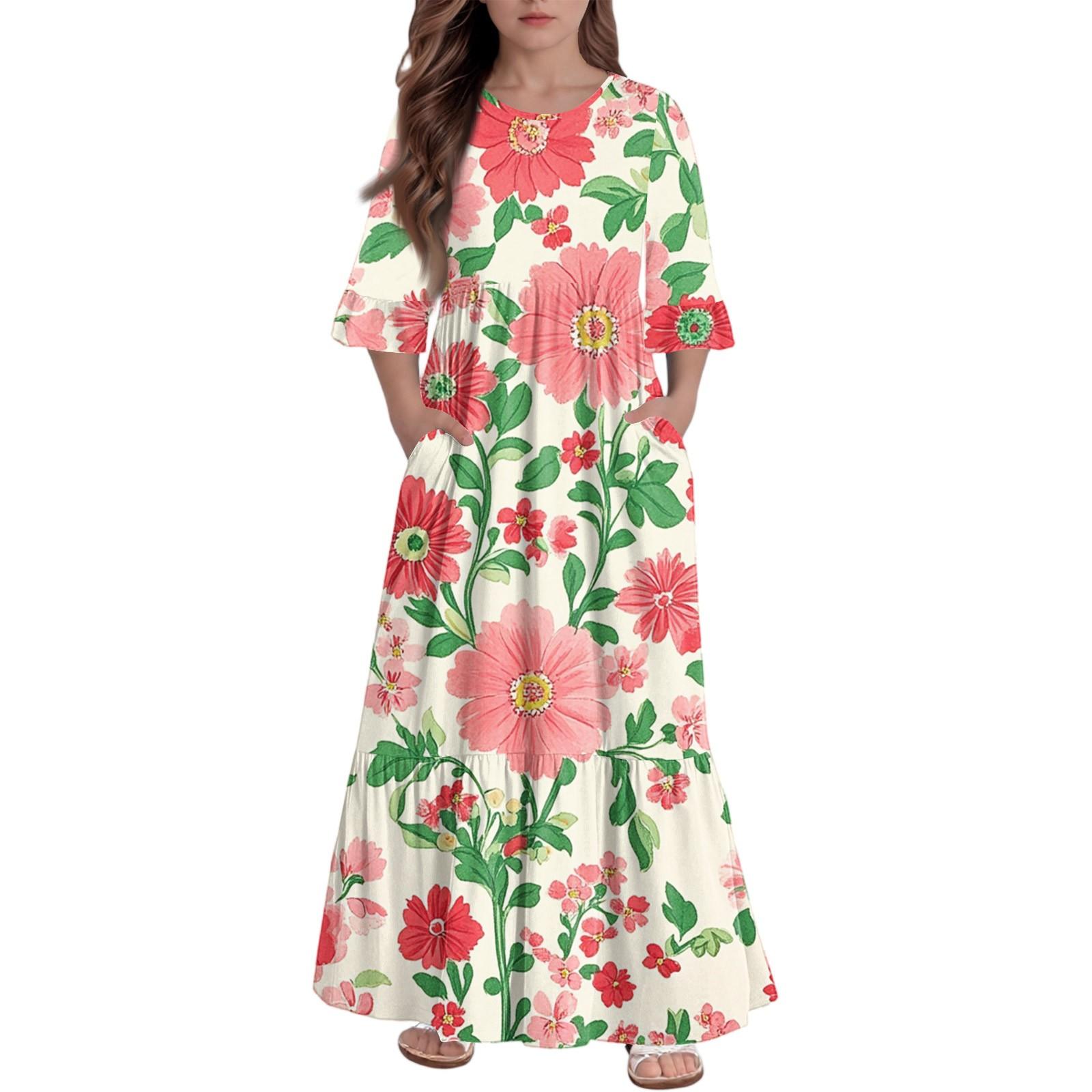 

Платье с многоярусными оборками для девочек - Макси с карманами, рукав 3/4 160 киноварь