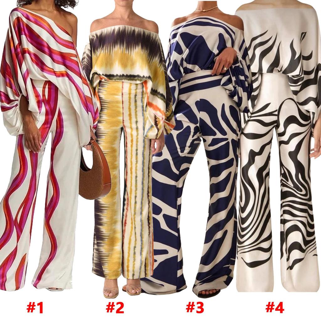 D9713 Women's Casual Satin Print One-Shoulder Top & Long Pants Two-Piece Set