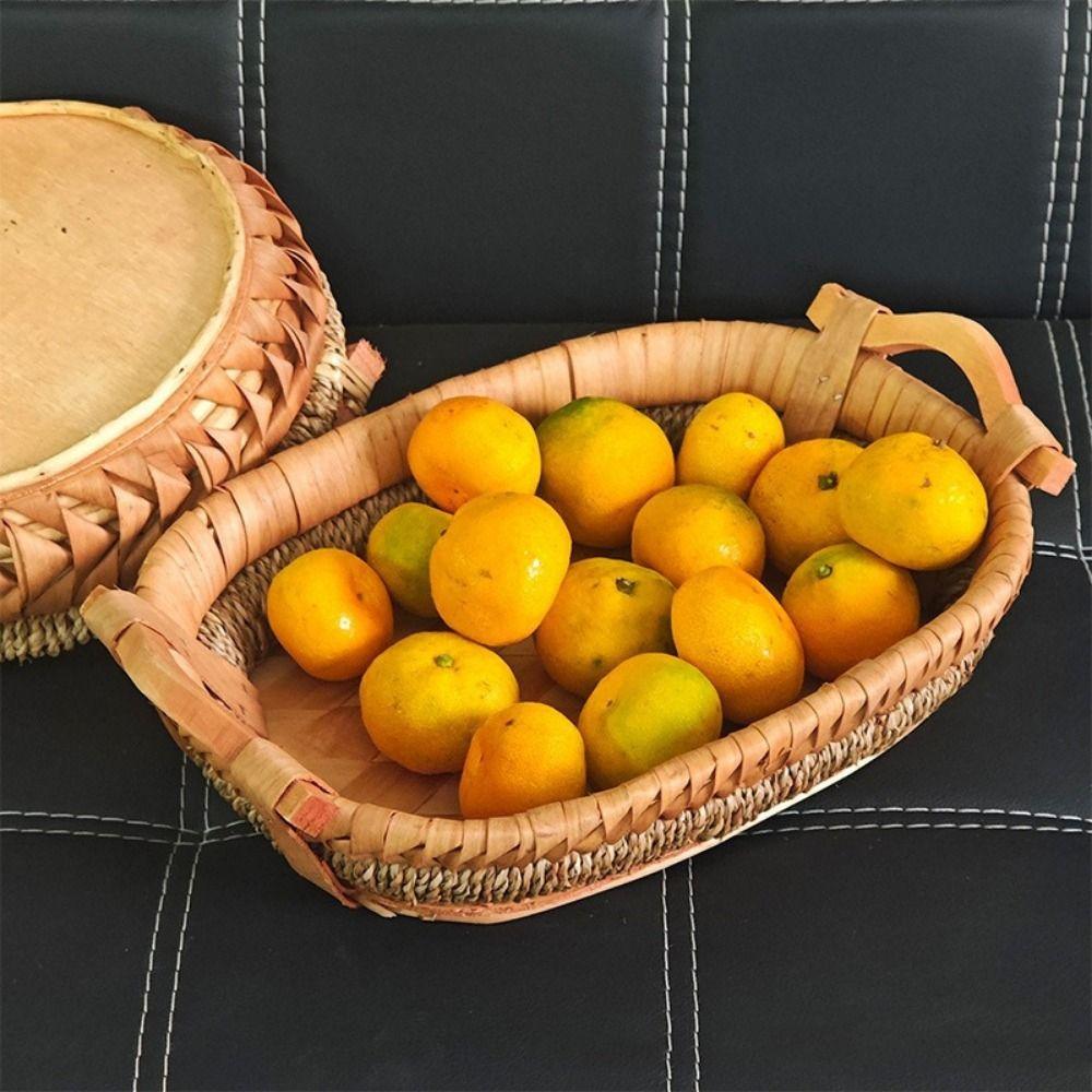 Rustic Handwoven Storage Basket Handmade Food Serving Holder Fruit Vegetable Storage Tray  Kitchen