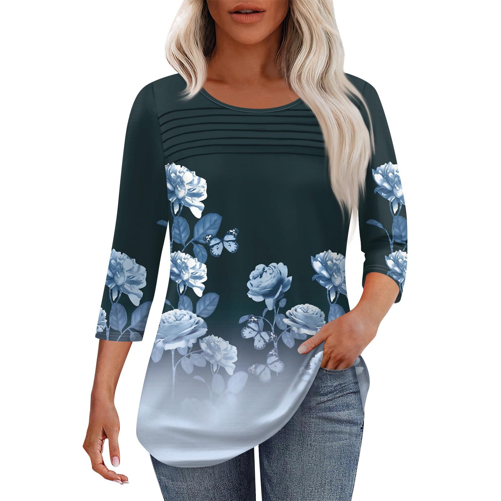 

Женская мода круглый вырез шея плиссированная передняя планка с принтом рукав 3/4 топ XL