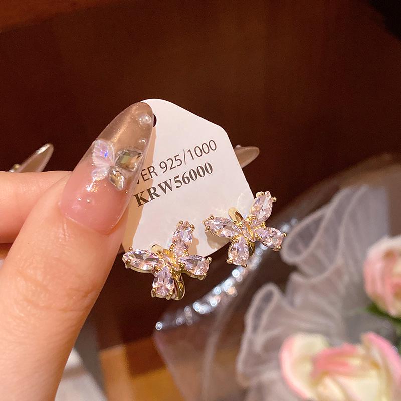 2025 Trendy Korean Micro-Inlaid Zircon Bow Earrings with S925 Silver Needle and Pearl for Women
