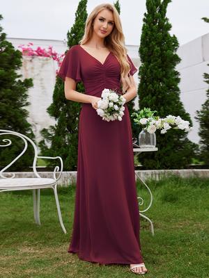 Ever-Pretty γυναικείο φόρεμα παράνυμφος με πλισέ σιφόν σε γραμμή V με λαιμόκοψη με κοντό μανίκι βολάν