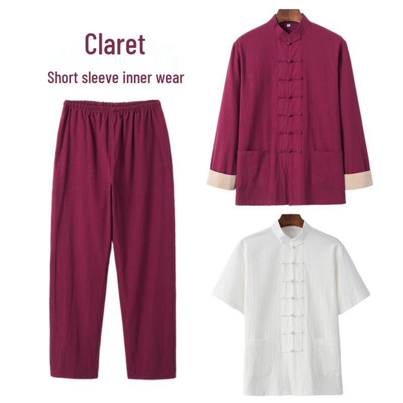 Men's Cotton Linen Three-Piece Tang Suit: Chinese Style Frog Button Hanfu, Retro Lay Buddhist Robe, Tea Attire