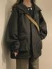 Women's Black Hooded Jacket - Spring & Autumn College Style, Loose Fit Retro Workwear.
