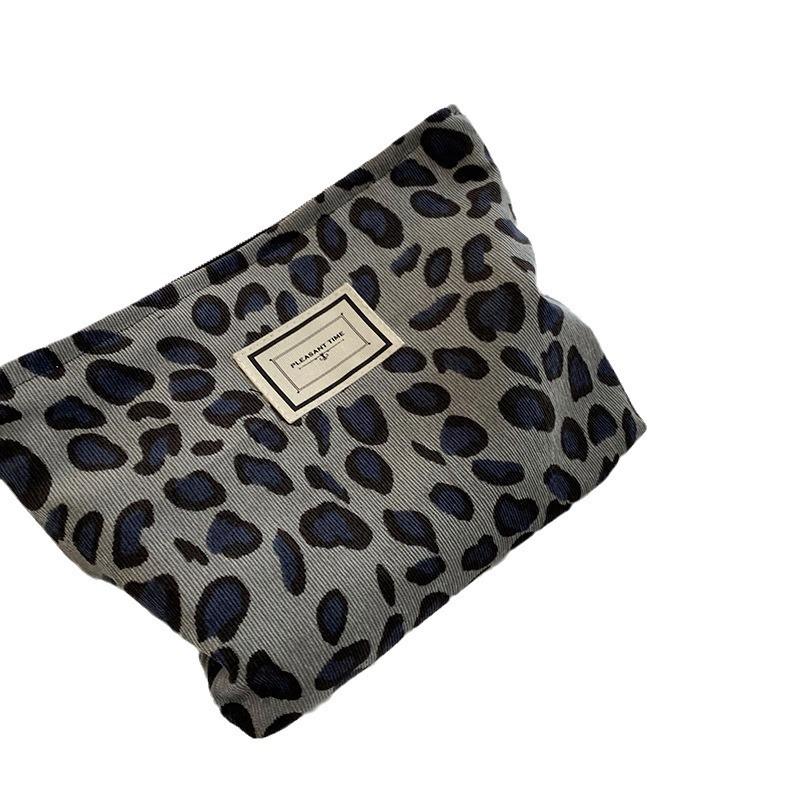 Corduroy Retro Leopard Print Cosmetic Clutch - Portable Lipstick and Toiletries Bag for Women