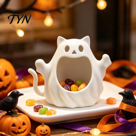Funky Halloween Room Decor 3D Printed Ghost Cat Storage Holder, Decorative Kitten Statue with PLA Material Craft Hollow Storage, Candy Bowl,