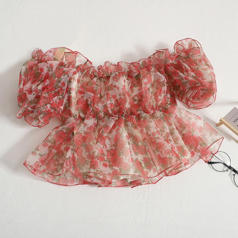 Dámské halenky Letní síťované s květinovým potiskem Houba Jidášovo ucho Strečová košile Pufované krátké rukávy Zkrácený top