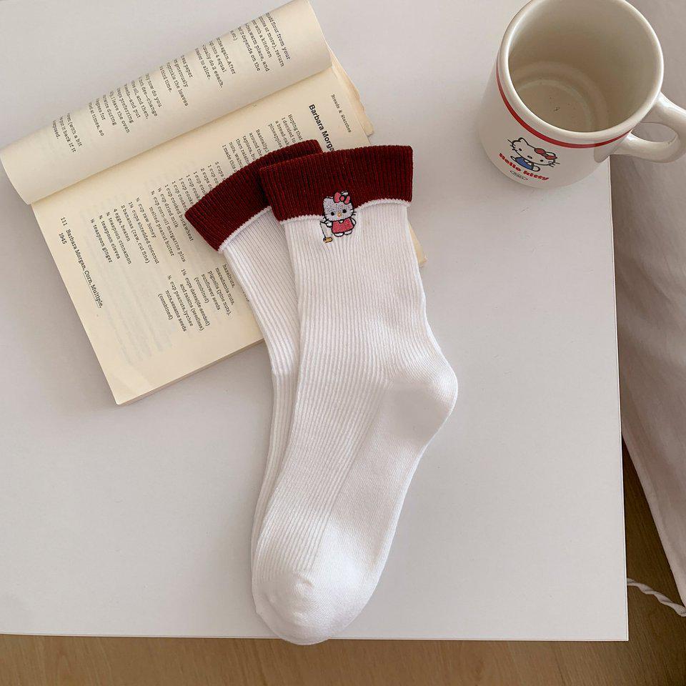 Korean Trendy Double Needle Mid-Calf Socks with Foldable Ribbed Cuff & Cute Cartoon Cat Embroidery