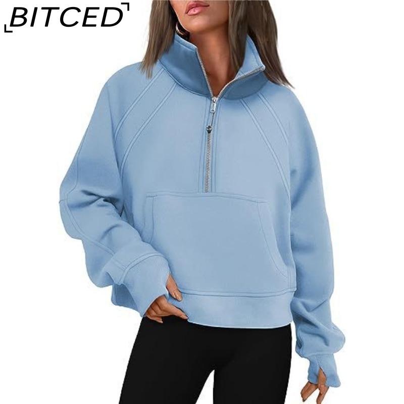BITCED Autumn/Winter Women's Half-Zip Short-Sleeved Stand Collar Fleece-Lined Solid Colour Sweatshirt