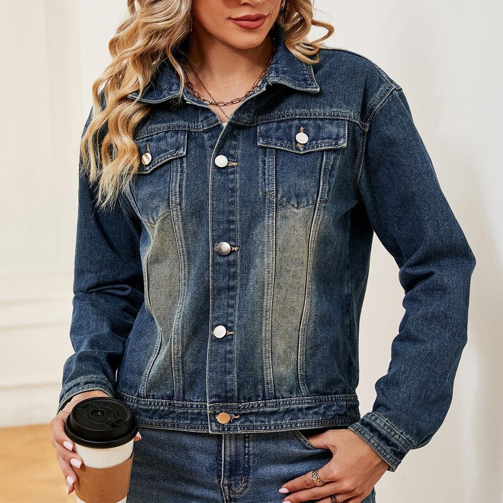 Women's Fashionable Versatile Classic Retro Solid Color Lapel Long Sleeved Pocket Denim Jacket