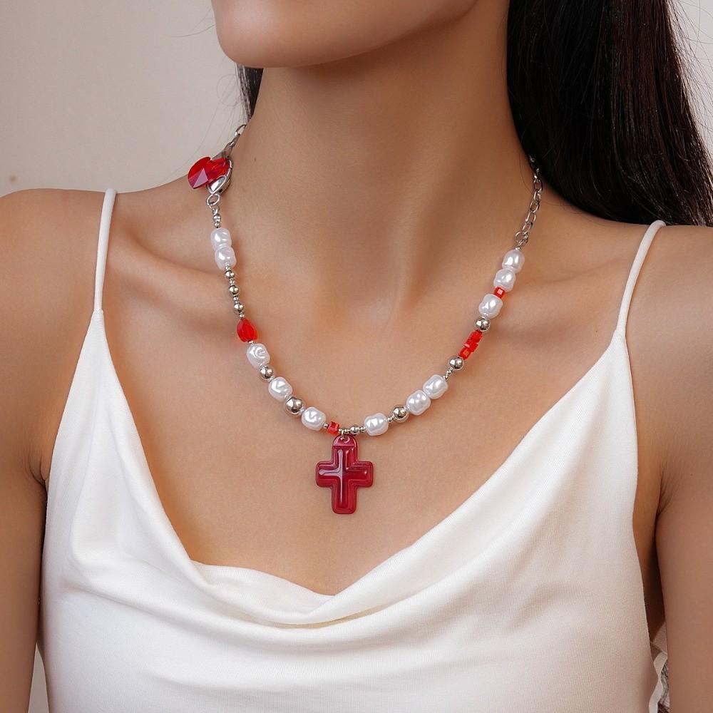 Rhinestone Cross Necklace Love Heart Crystal Cross Pendant Streetwear Cross Choker Chain Party