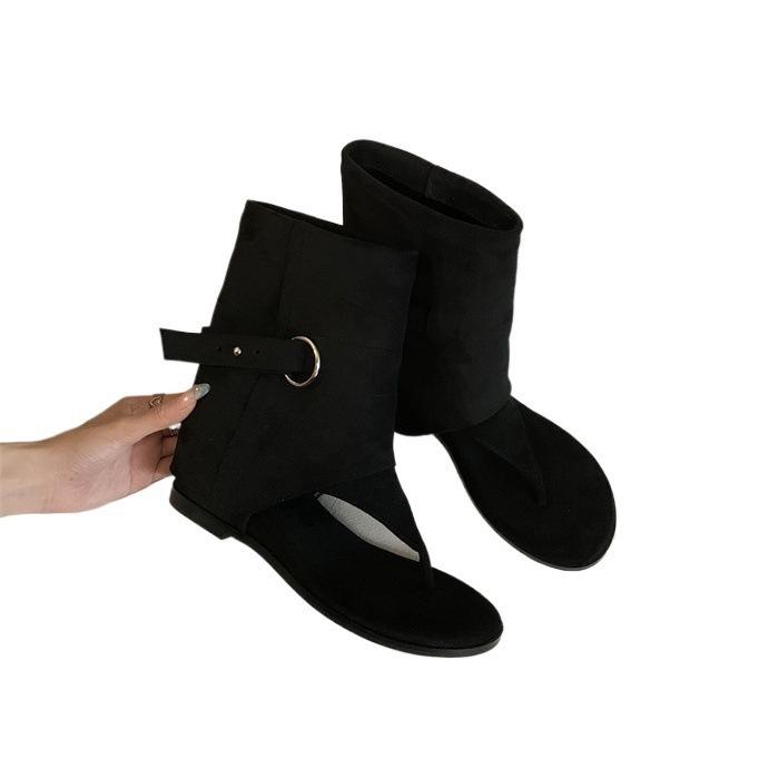 MUMIXI Blogger The Same Korean Belt Buckle Toe Inner Height Increase Cool Boots Summer Fashionable Open-toed Trousers Short Boots