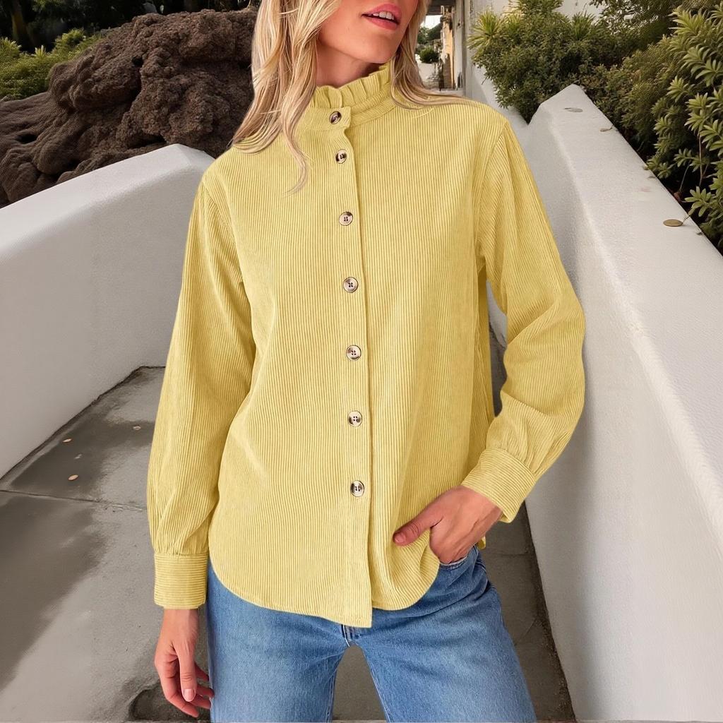 Women's Color Corduroy Casual Jacket with Ruffle Collar for Everyday Wear