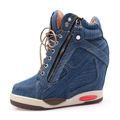 Damen Denim Keilabsatz High-Top Sneaker Plateau Lässig Mode Frau Reißverschluss Vulkanisierte Schuhe Dicke Sohle Große Größe 41