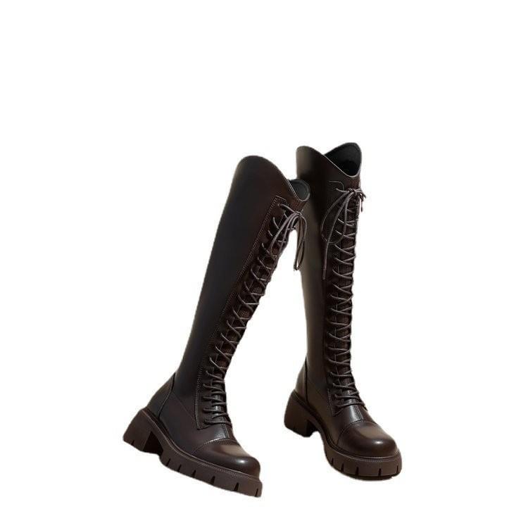

2025 new boots women s spring, autumn and winter V-mouth thin versatile thick heel thick bottom brown high boots knight 40