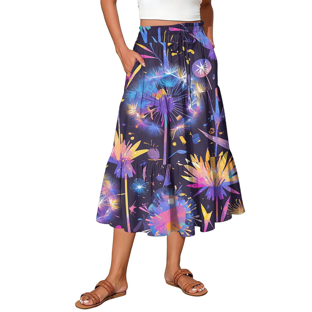 Dam Maxikjol Dragsko Hög Midja Sommar Långa Kjolar Lätta Flerskiktade Böljande Blommiga Plisserade Kjolar