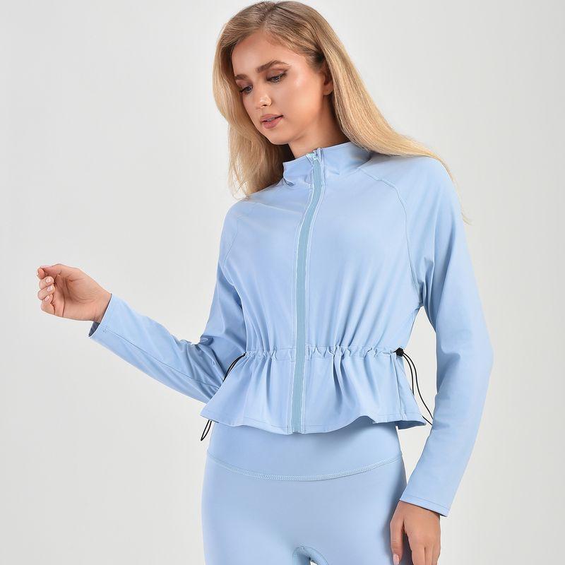 

Fashion Turtlenecks Zipper Sleeve Sports Outwear Waist-Tight High Elastic Nude Feel Yoga Clothes Silm Long Sleeves Repair Tops Blue S