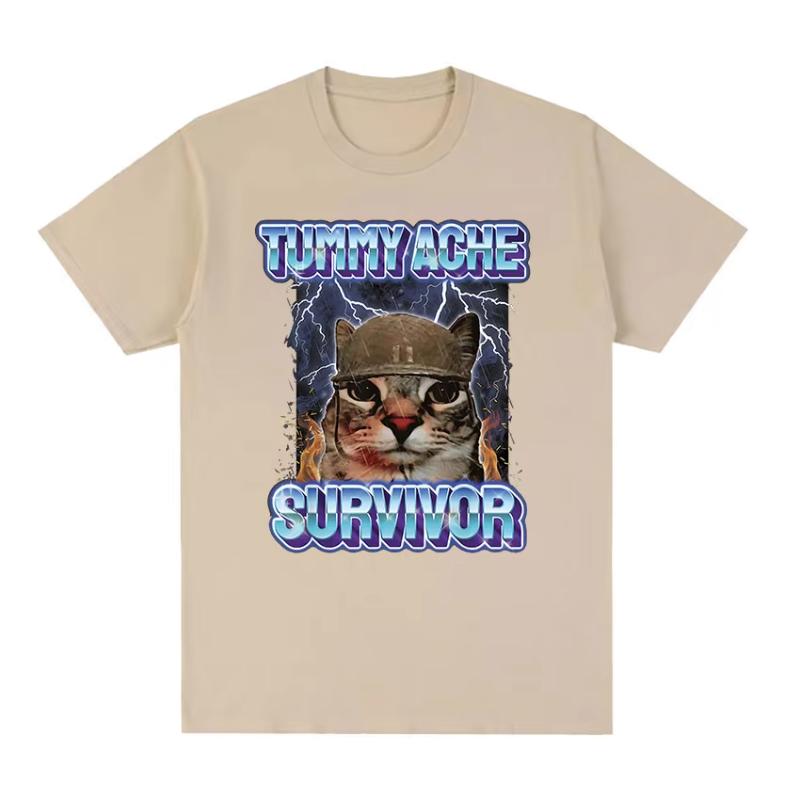 Vintage Bauchweh-Überlebender Lustiges Katzen-Meme T-Shirt Unisex Damenbekleidung Mode Kurzarm-T-Shirt Lässig Reine Baumwolle T-Shirts