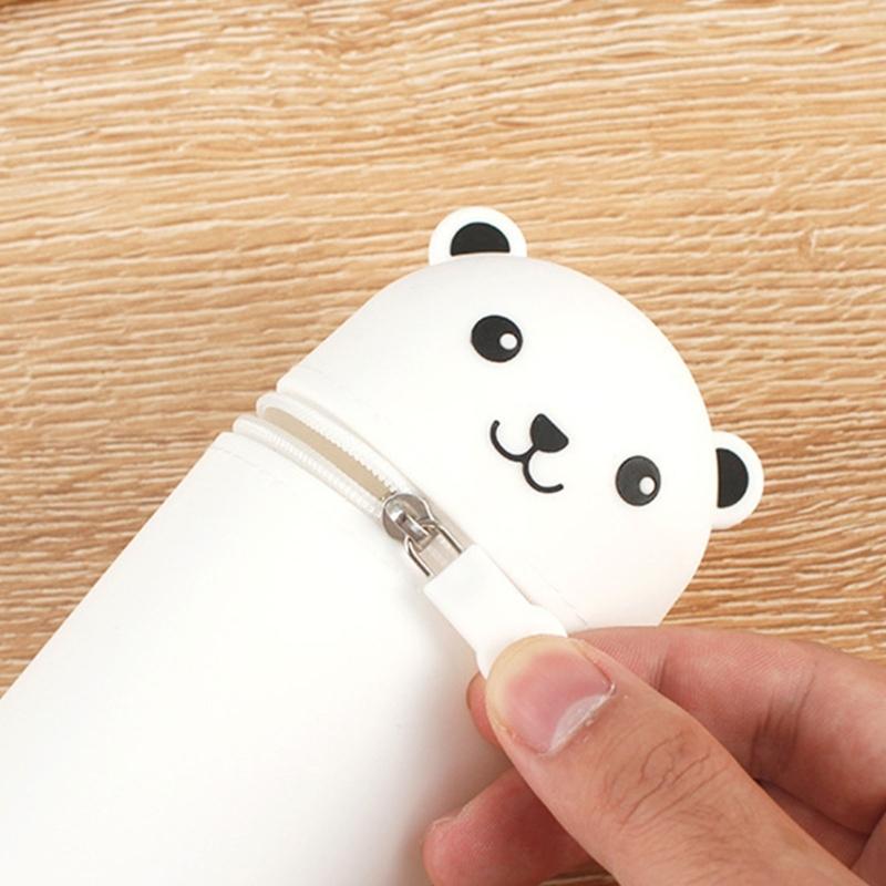 Large Capacity Pencil Case Cartoon Bear Pencil Box with Suction Cup Silicone Pen Bag for Students Teens Girls Boys
