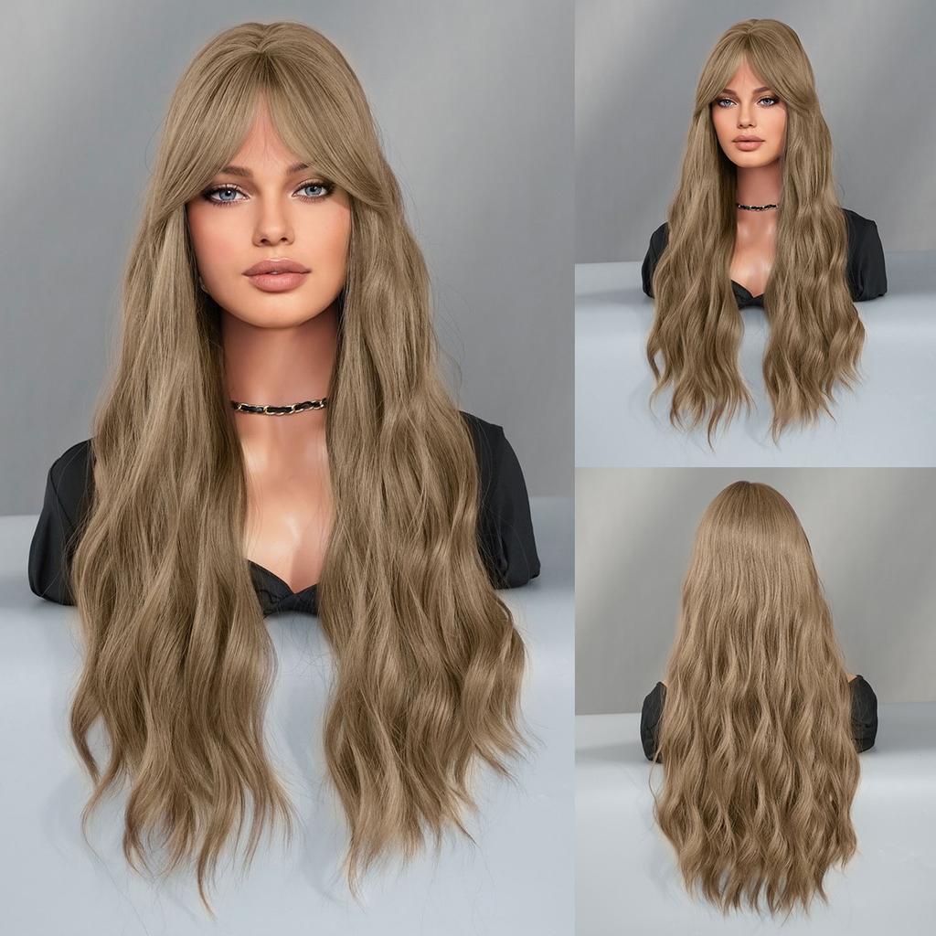 Cocoa Brown Long Curly Hair With Slanted Bangs Big Wavy Wig Women Synthetic High-temperature Silk