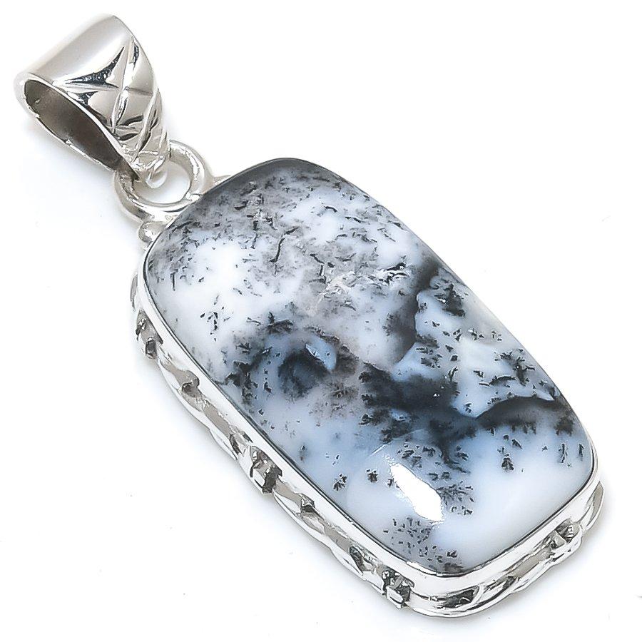Natural Dendrite Opal Gemstone 925 Solid Sterling Silver Gift Pendant 1.50" H7p39