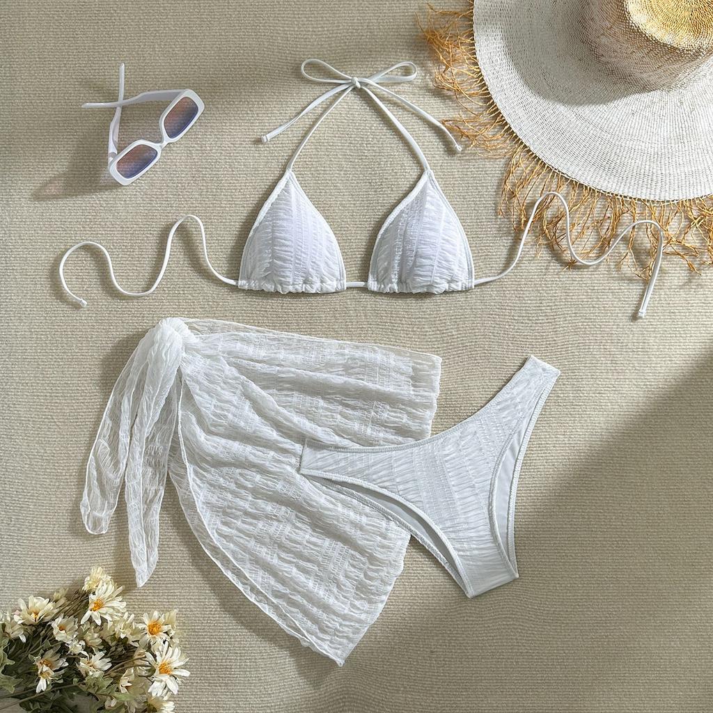 Sexy Bikini Set Women Halter Push Up Bra Skirt 3 Piece Swimsuit Summer Bathing Suit Cover Up Thong Swimwear Biquini