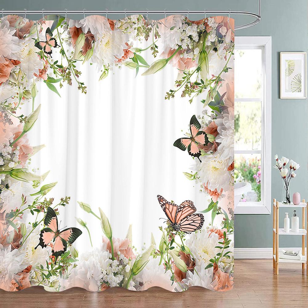 

Fresh Floral And Butterfly Shower Curtain Pretty Buds Botanical Spring Peaceful Printed Polyester Shower Curtains Bathroom Decor W60H190(CM)-1 Pcs