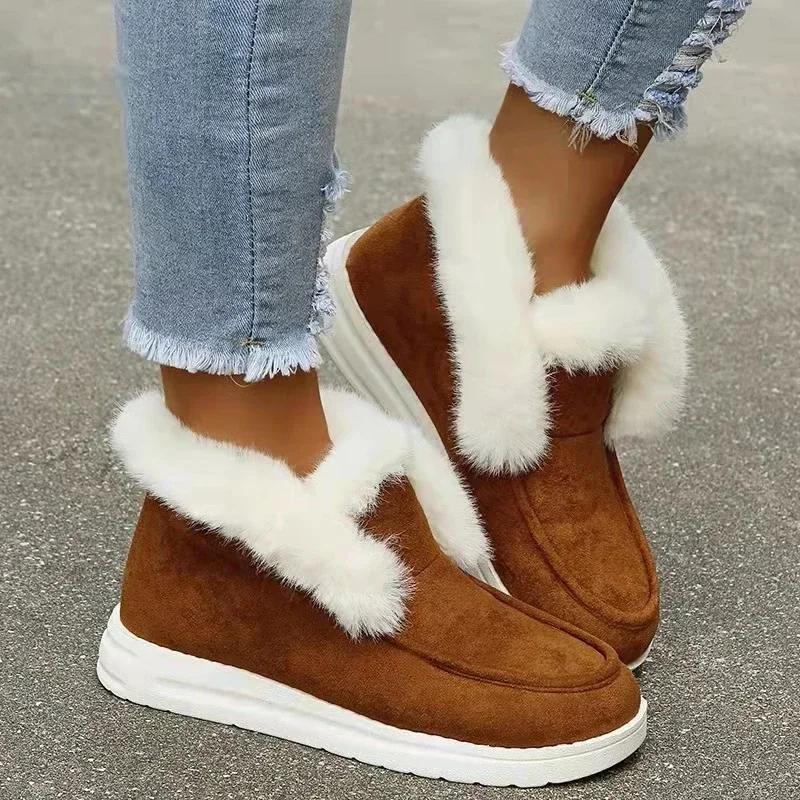 New Ladies Slip On Comfortable Ankle Boots Women Winter Warm Plush Fur Snow Boots Suede Shoesfemale Footwear Botas Femininas