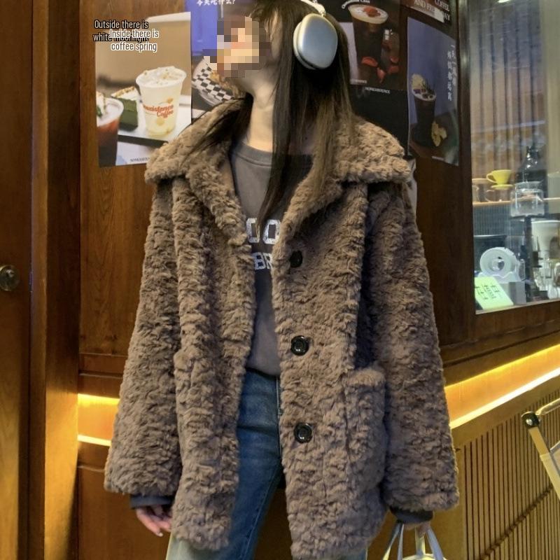 

Женское свободное пальто из меланжевого пушистого флиса из овечьей шерсти в корейском стиле на зиму 2024 года - Утепленный кожаный верх L 121-140 lbs