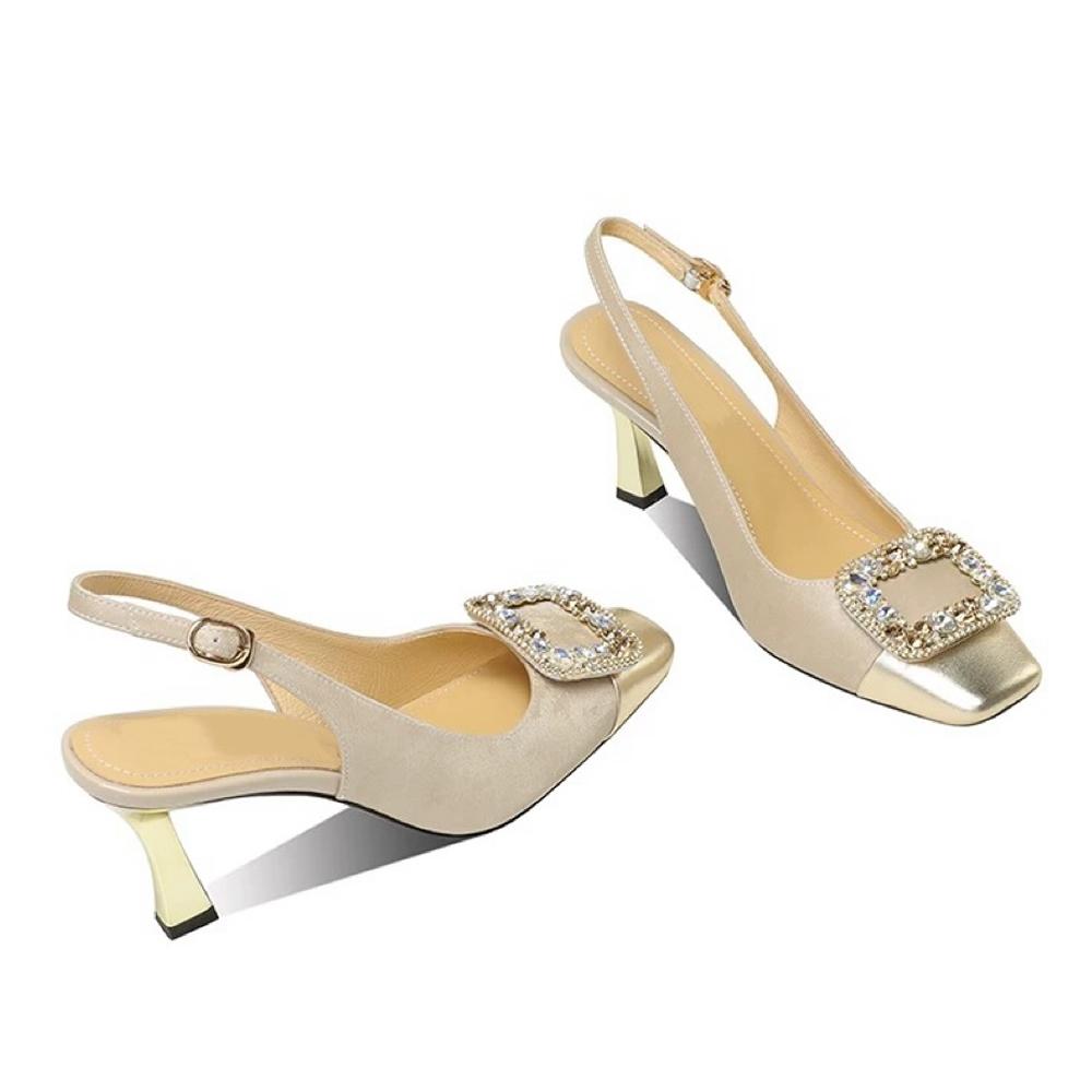 Rhinestone Square Buckle High Heels Back Trip Strap Slim Heel Single Shoes Summer Elegant Back Empty Wrapped Head Sandals Women