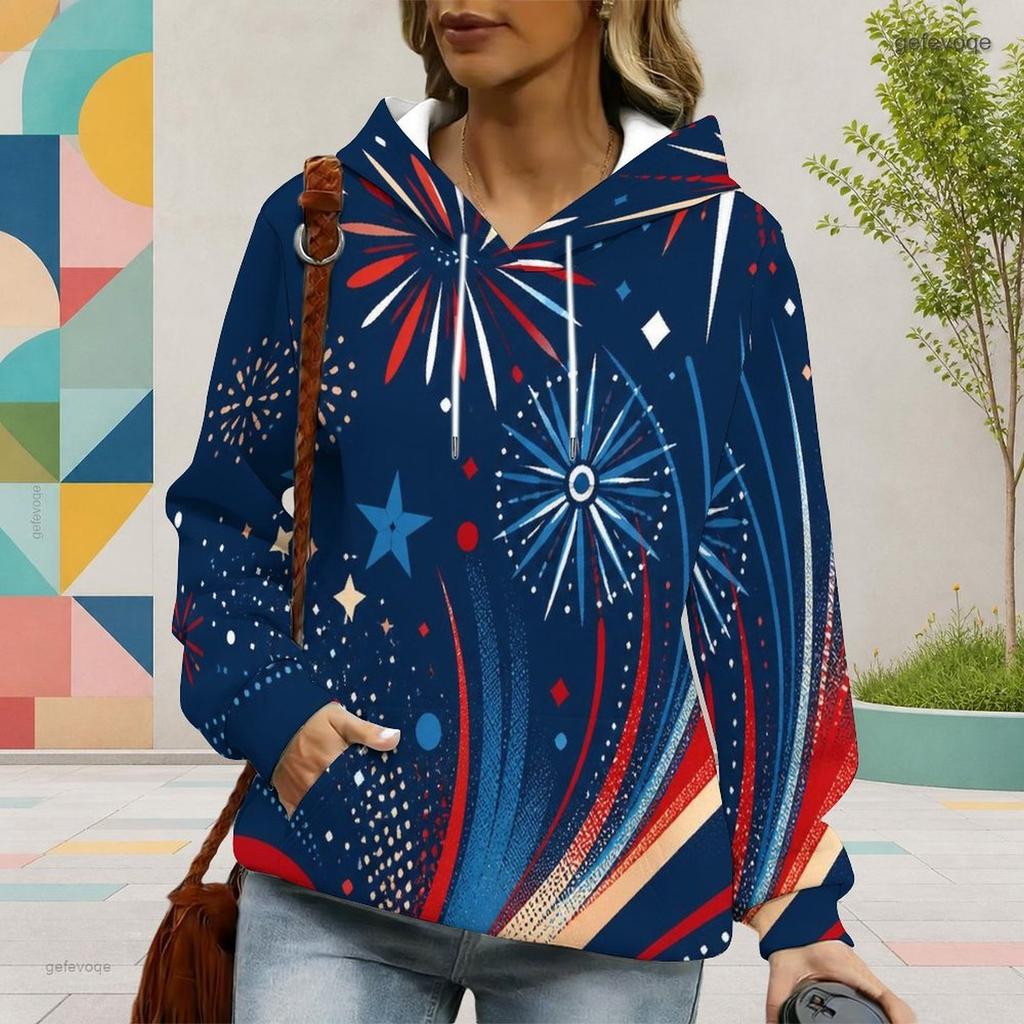 Women Plus Size Blue Star Printed Long Sleeve Drawstring Hood Pullover Hoodie With Kangaroo Pocket