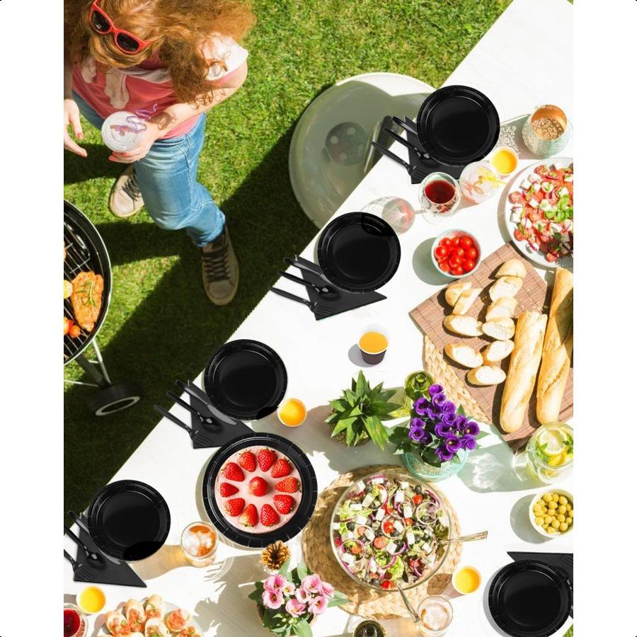 

Набор черной праздничной посуды 224 штуки черных бумажных тарелок, стаканов, салфеток и сверхпрочных пластиковых ложек, вилок, ножей на 32 гостя United States