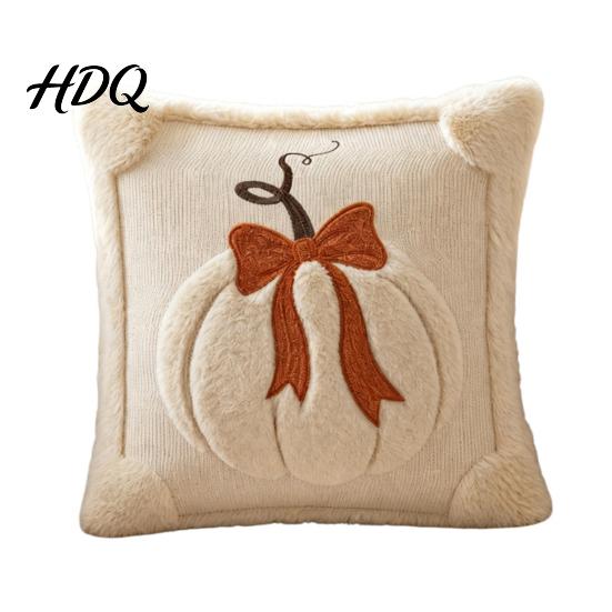 Gemütliche Plüsch Wohnzimmer Dekoration Bauernhaus Kürbis Kissenbezug, Gestickte Schleife Wurfkissen 18 Weiche Sofakissen x Zoll Herbst Hülle für Thanksgiving 45x45cm weiß