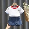 Girls Spring Summer Fashion Denim Skort Set Short Sleeve Top Kids Chic Casual Two Piece Outfit For Baby Toddler