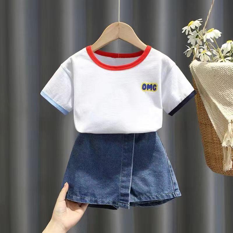 Girls Spring Summer Fashion Denim Skort Set Short Sleeve Top Kids Chic Casual Two Piece Outfit For Baby Toddler