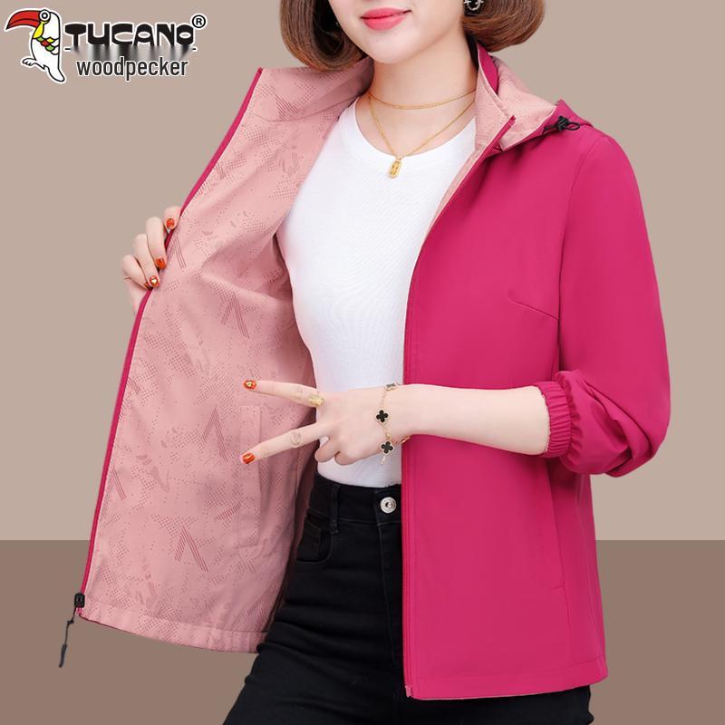 

Женская двусторонняя куртка Woodpecker: Весна/Осень 2025, Модный короткий тренч свободного кроя XL (110-125 jin) розы красного