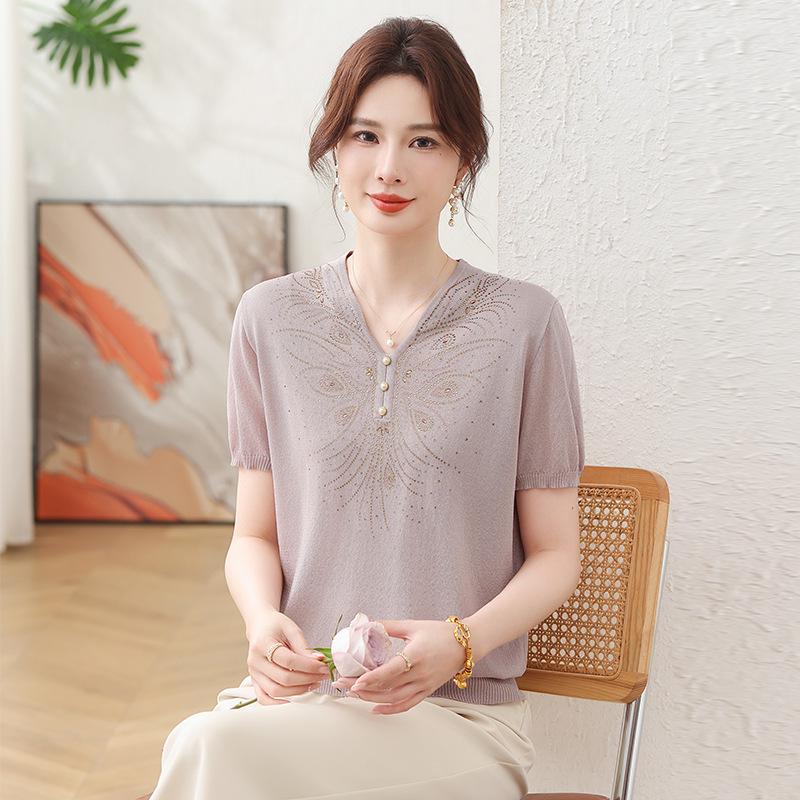 Chic Summer Ice Silk T-Shirt for Stylish Moms - 2026 Fashion Knit Top for Middle-Aged & Elderly Women